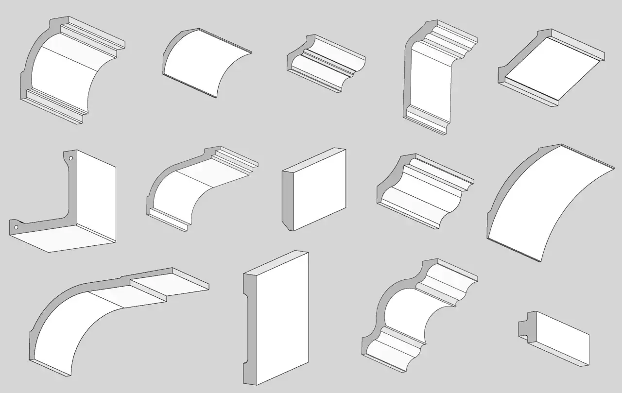 Variedad de perfiles arquitectónicos, cada uno es una cornisa con diseños y curvas distintas, listos para embellecer cualquier espacio.