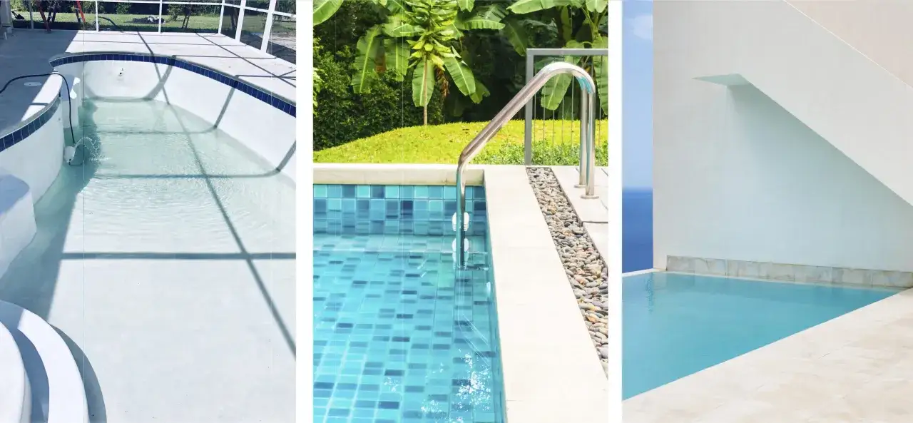 Tres piscinas: una en construcción, otra con gresite azul y vegetación, y una infinity pool blanca con el mar al fondo. Se puede pintar una piscina encima del gresite.