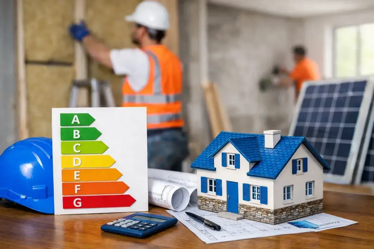 Planifica tu reforma de vivienda habitual para desgravar impuestos. Modelo de casa, etiqueta energética, casco y paneles solares.