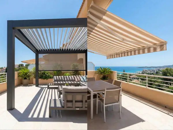 Dos tipos de toldos para patios: una pérgola moderna y un toldo retráctil a rayas, ambos ofrecen sombra en terrazas con vistas al mar.