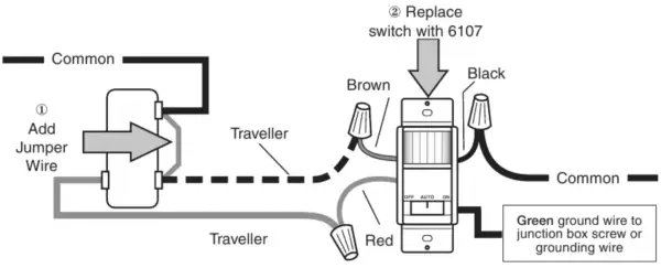 Diagrama para como instalar un sensor de movimiento con interruptor, mostrando conexiones de cables "Common" y "Traveller".