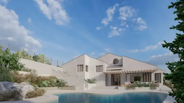 Casa moderna con piscina y jardín, mostrando diversos tipos de revestimientos de fachadas exteriores en tonos neutros.