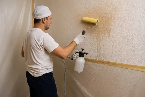 Hombre aplicando textura a la pared con rodillo y pulverizador. Aprende como hacer gotele con rodillo para un acabado profesional.