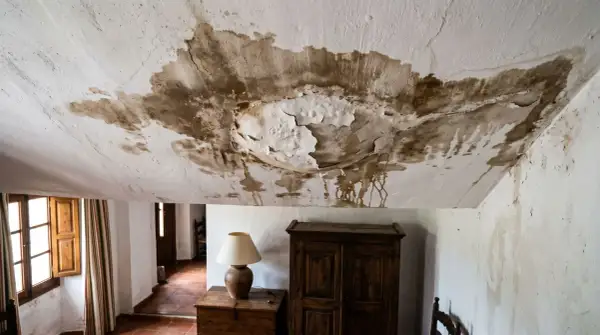 Tejado con manchas de humedad y pintura desprendida, indicando la necesidad urgente de reparar tejado.