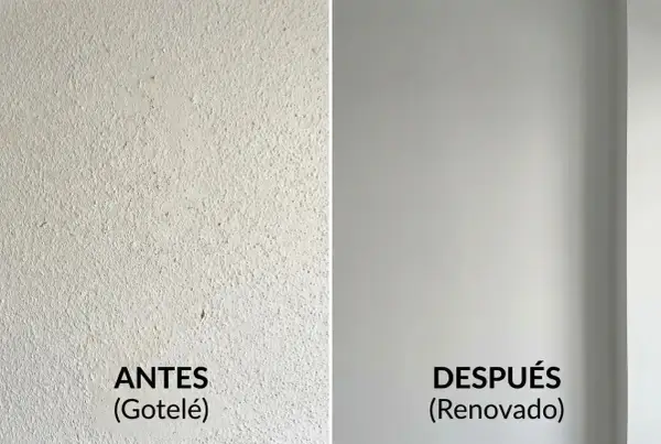Pared con gotelé antes y después de renovar. Se puede hacer gotelé con esponja para un acabado liso.