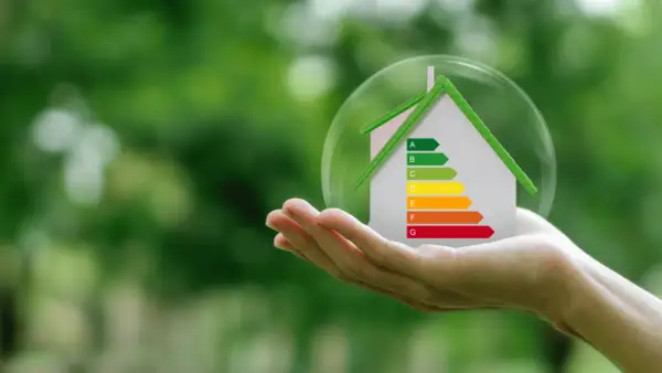 Mano sostiene casa con etiqueta energética, simbolizando la deducción IRPF por eficiencia energética.