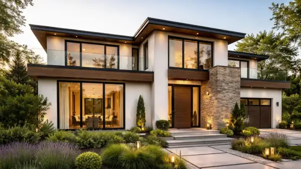 Moderna casa con grandes ventanales y jardín iluminado. Un ejemplo de inspiracion casas de lujo y diseño contemporáneo.
