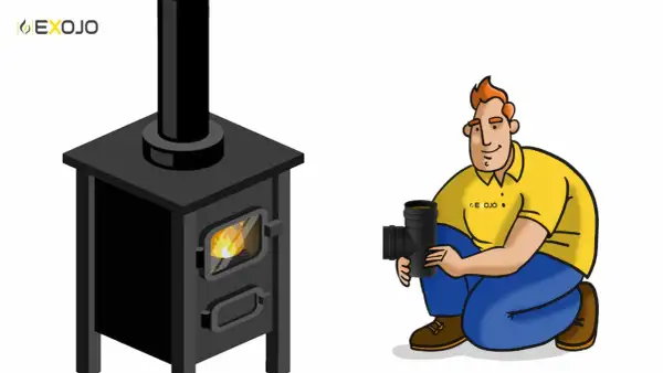 Hombre con tubo de chimenea junto a estufa de leña encendida. Controlar la temperatura del tubo chimenea leña es clave.