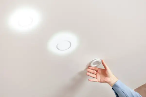 Instalando focos empotrados sin falso techo. Mano colocando una luminaria circular en un techo liso.
