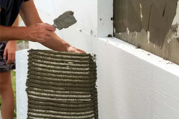 Aplicando mortero para fachadas exteriores sobre poliestireno expandido. El mejor mortero para fachadas exteriores se aplica con llana.