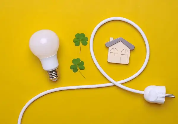 Bombilla, tréboles y un enchufe con forma de casa simbolizan el confort visual y la energía en el hogar.