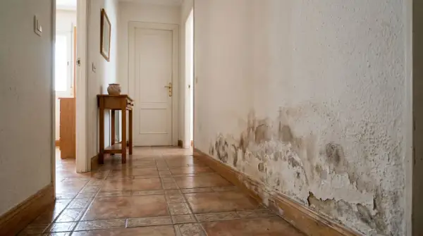 Pared con manchas de humedad y pintura descascarada. Averigua cuanto cuesta arreglar humedades por capilaridad.