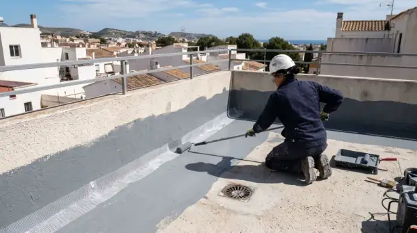 Persona impermeabiliza terraza con rodillo, aplicando pintura gris sobre malla de refuerzo.
