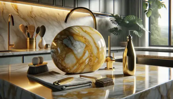 Detalles de limpieza para pulir mármol en casa: un cepillo, paño y jabonera dorados junto a un lavabo esférico de mármol.