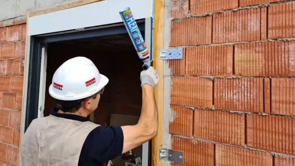 Un trabajador aplica espuma expansiva, que contiene diisocianatos, para sellar un marco de ventana en una pared de ladrillos.