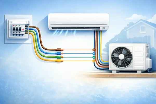 Unidad interior y exterior de un aire acondicionado inverter conectadas a un cuadro eléctrico.