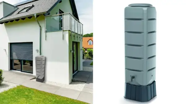 Modernos inventos para recoger agua de lluvia, un depósito gris junto a una casa y otro similar aislado.