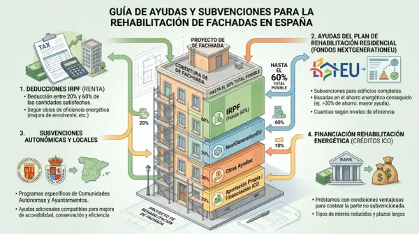 Guía de ayudas para la rehabilitación de fachadas en España, mostrando un edificio con andamios y diferentes niveles de financiación.