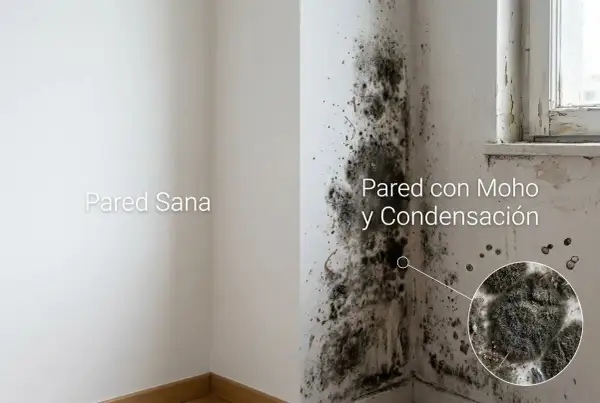 Comparación de una pared sana con otra afectada por moho y condensación. El moho en la pared se muestra en detalle.