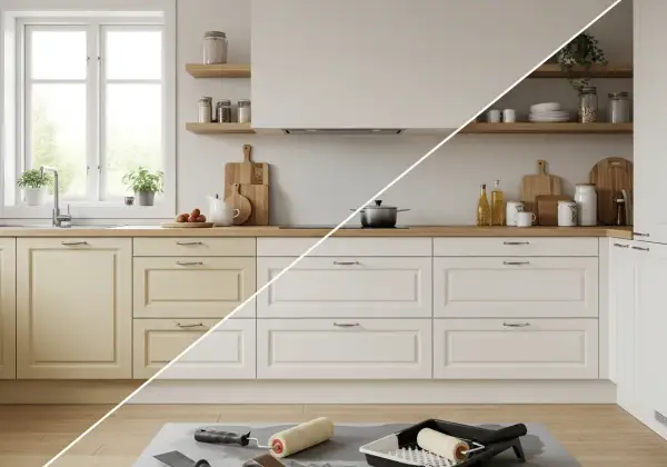Cocina con muebles antes y después del lacado. El lado izquierdo muestra muebles amarillentos, el derecho, blancos y renovados.