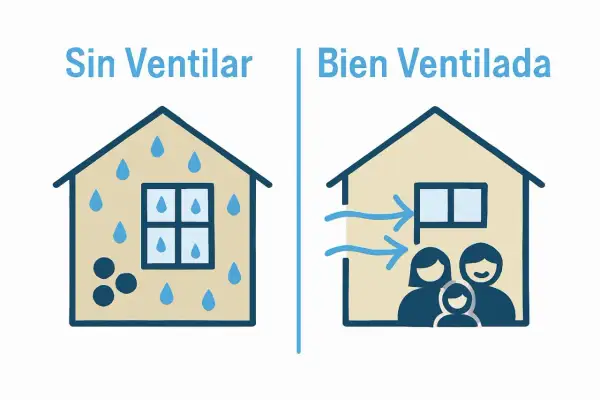 Casa sin ventilar con gotas de agua, indicando problemas de condensación. Casa bien ventilada con flechas de aire y familia feliz.
