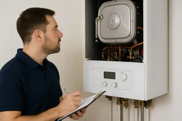 Técnico revisa caldera Baxi. Anota datos para subir presión y optimizar su funcionamiento.
