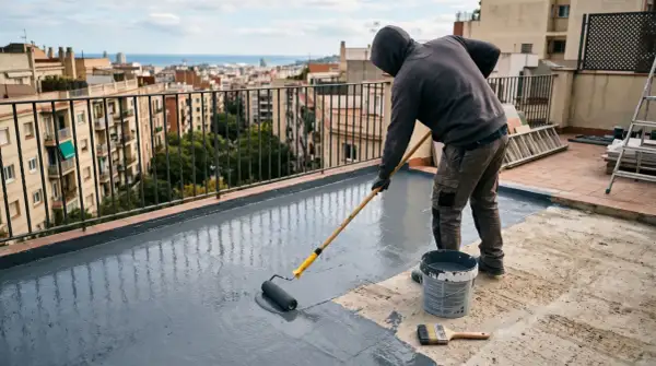 Hombre aplicando impermeabilizante a rodillo en terraza de 100 metros, con vistas a la ciudad y al mar.